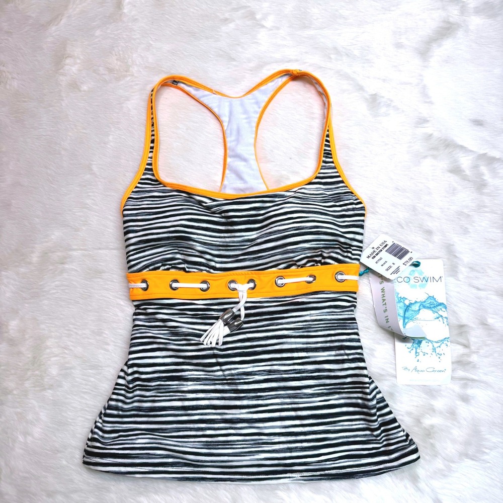 NWT Eco Swim Tankini Top Womens Size 8‎ Black Orange Striped Racerback Sporty